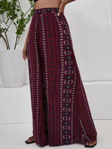 Breezaya High Waist Striped Print Wide Leg Trousers - Burgundy - View 4
