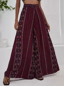 Breezaya High Waist Striped Print Wide Leg Trousers - Burgundy - View 5
