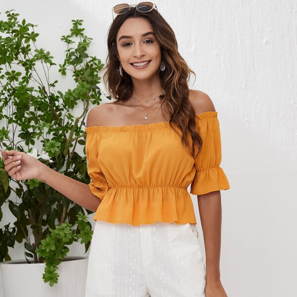 

Off Shoulder Flounce Sleeve Peplum Top, Yellow