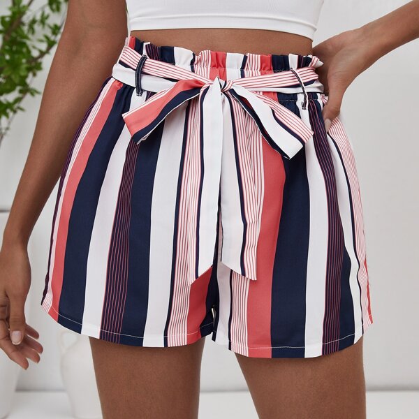 

Paperbag Waist Belted Striped Shorts, Blue