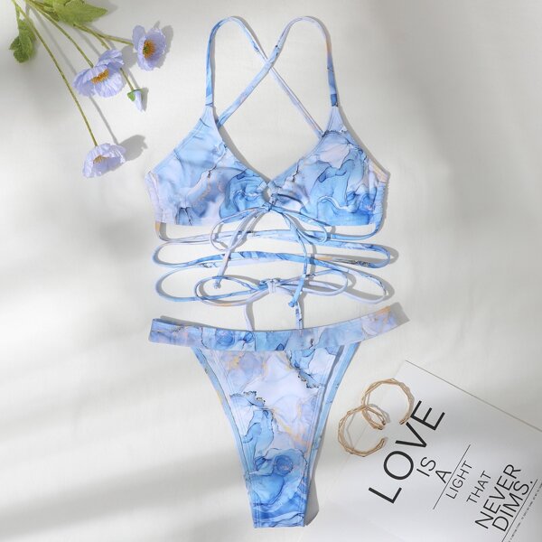 

Marble Print Thong Bikini Swimsuit, Blue