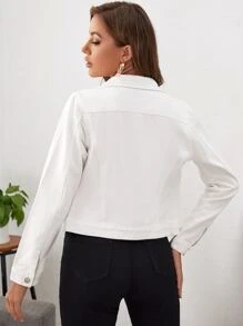 Chaqueta mezclilla con bolsillo con solapa con botón delantero - Blanco - Ver 4