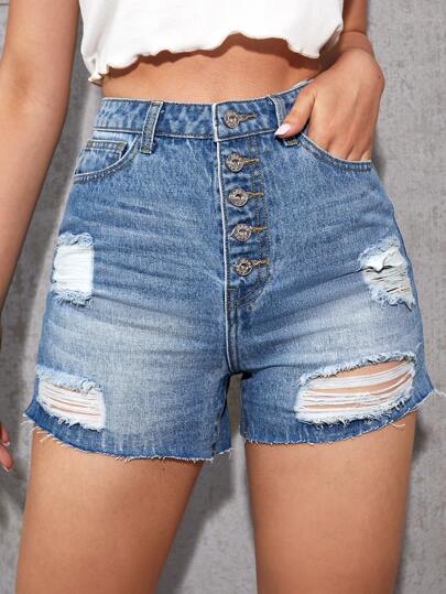 Button Fly Ripped Detail Raw Hem Denim Shorts