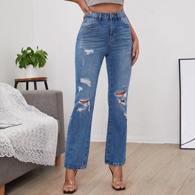 

High Waist Ripped Straight Leg Jeans, Medium wash