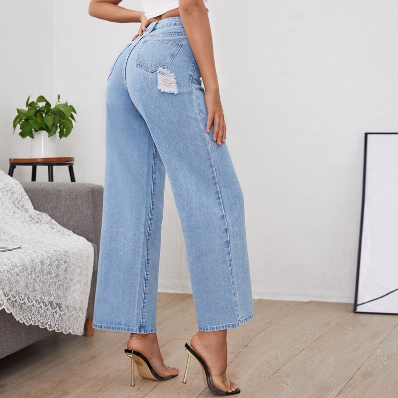 

High Waist Ripped Wide Leg Jeans, Light wash