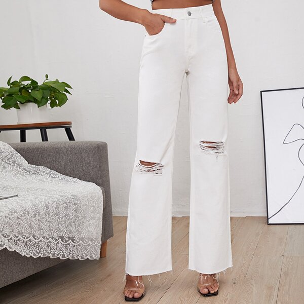 

High Waist Ripped Wide Leg Jeans, White