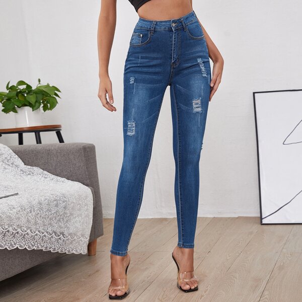 

High Waist Ripped Skinny Jeans, Medium wash