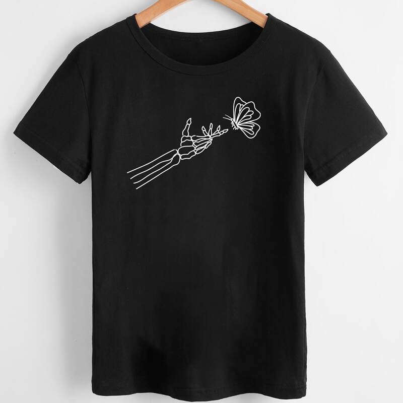 

Skeleton & Butterfly Graphic Tee, Black