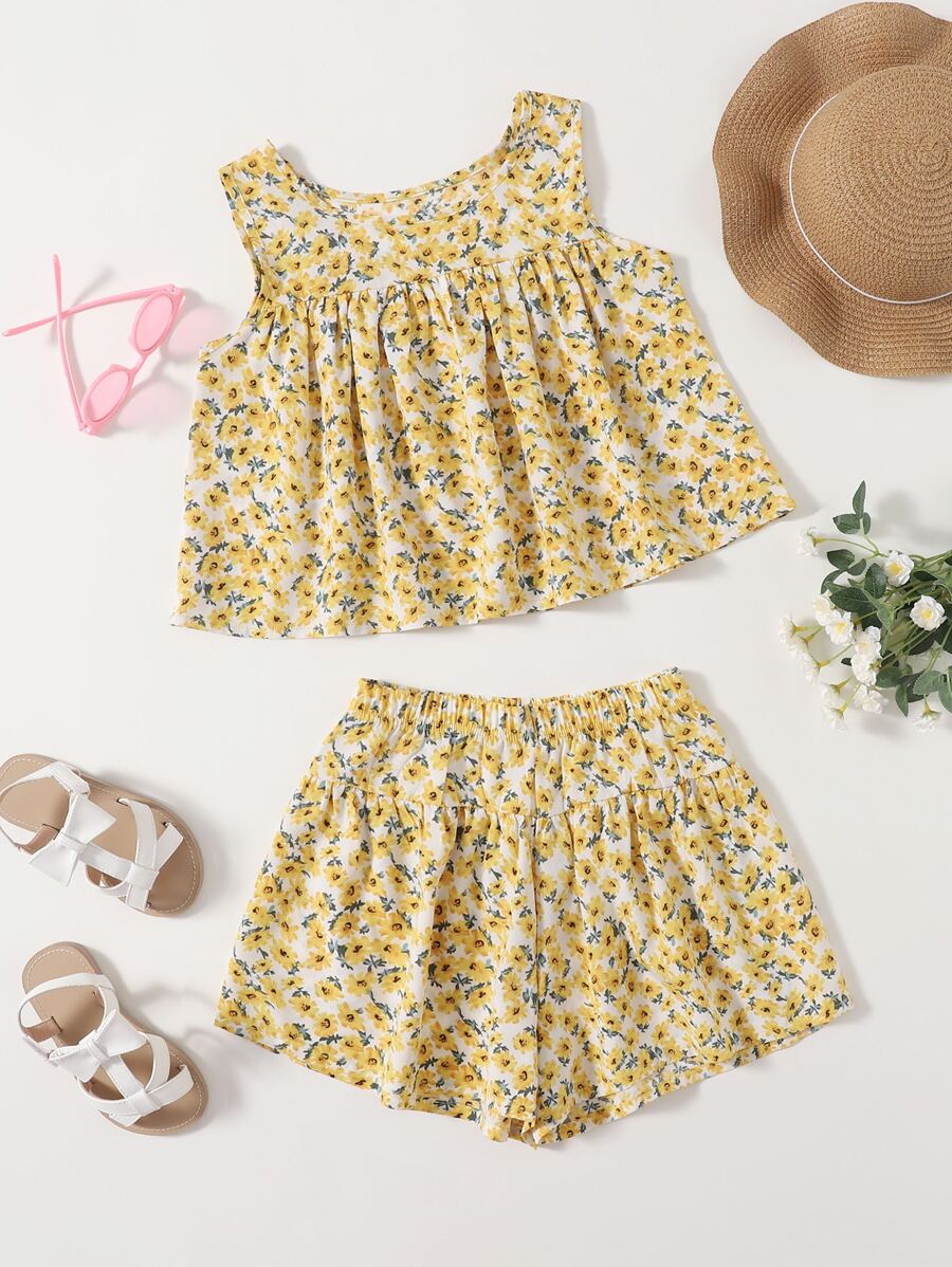 Girls Ditsy Floral Tank Top With Shorts - Multicolor - View 1