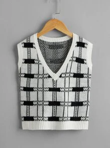 Girls Plaid Sweater Vest - Black and White - View 1