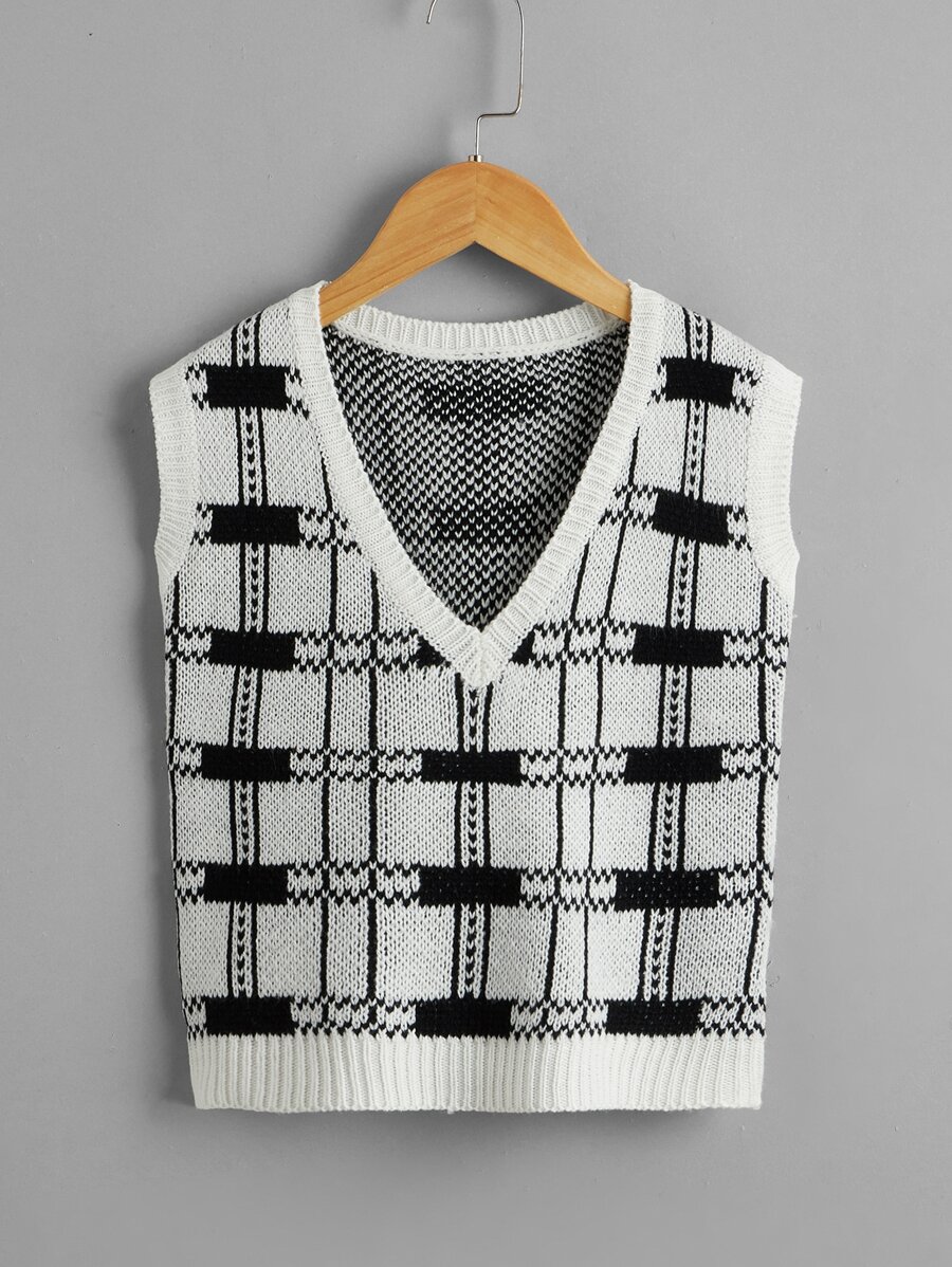 Girls Plaid Sweater Vest - Black and White - View 1