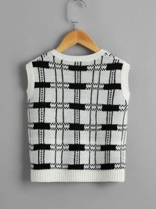 Girls Plaid Sweater Vest - Black and White - View 2