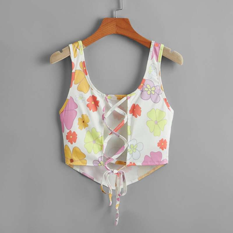 

Lace Up Floral Print Tank Top, Multicolor