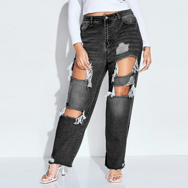 

Plus High Waist Ripped Mom Jeans, Black