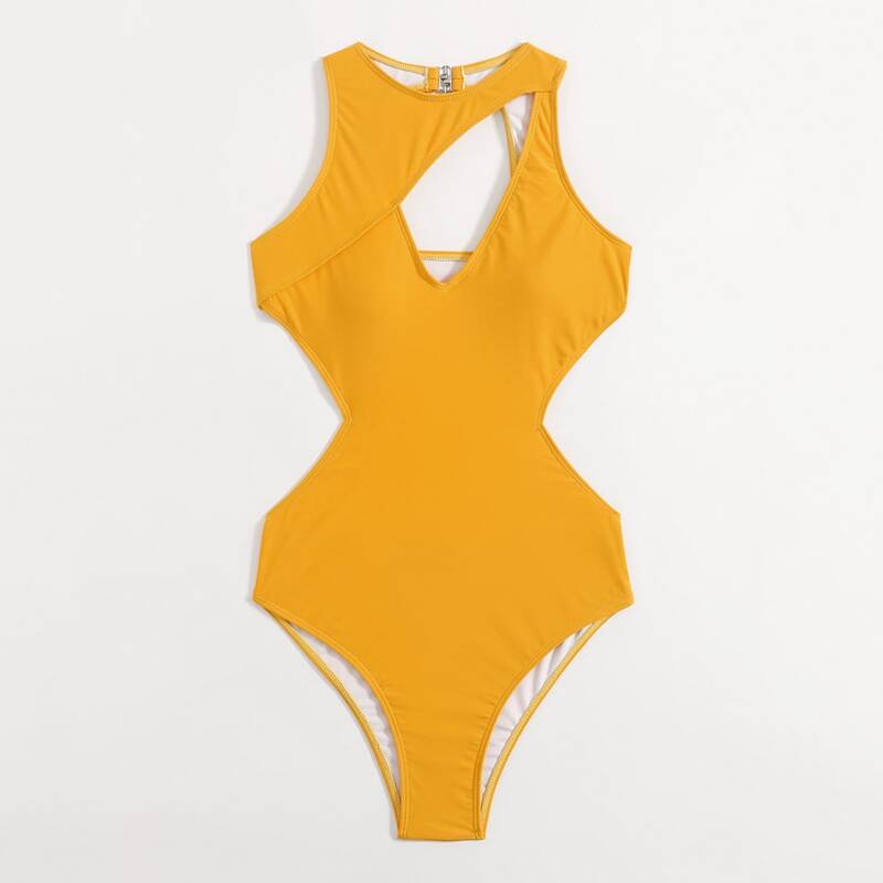 

Solid Cut Out One Piece Swimsuit, Yellow