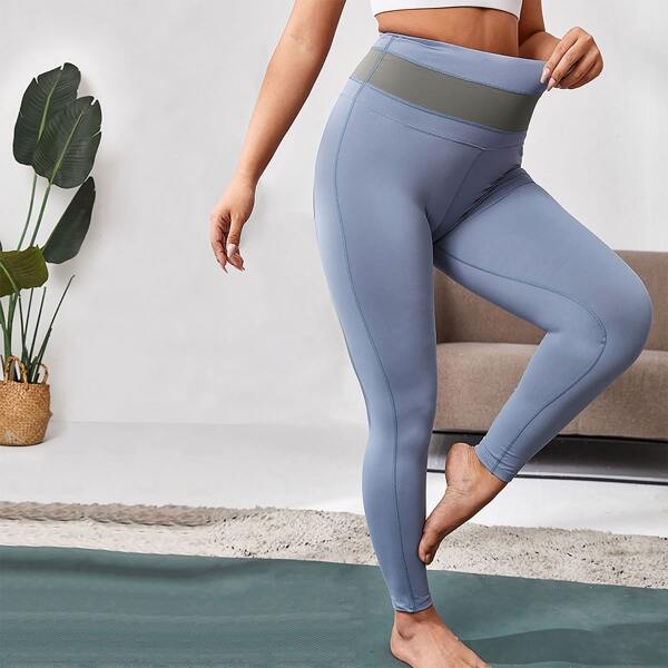 

Plus Color Block High Waist Sports Leggings, Dusty blue