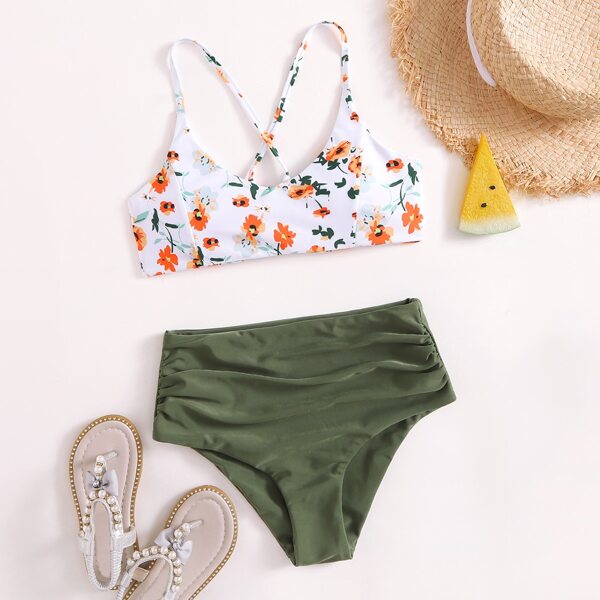 

Girls Floral Ruched High Waisted Bikini Swimsuit, Multicolor