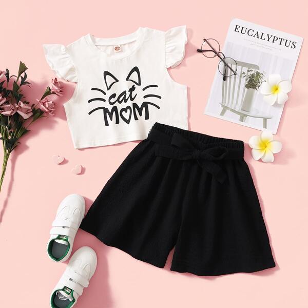 

Girls Cartoon Graphic Top & Belted Shorts, Black and white