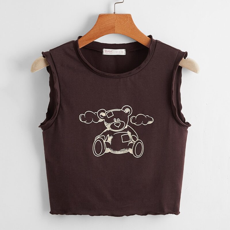 

Cartoon Bear Graphic Lettuce Trim Tank Top, Chocolate brown