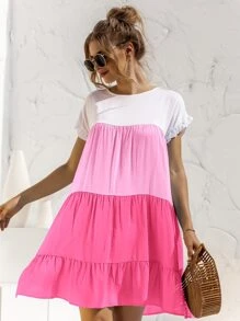 Vestido smock de manga con volante panel en contraste - Multicolor - Ver 1