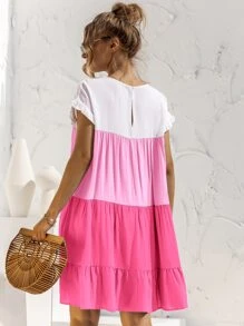 Vestido smock de manga con volante panel en contraste - Multicolor - Ver 2
