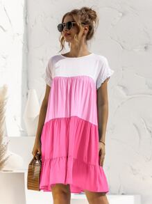 Vestido smock de manga con volante panel en contraste - Multicolor - Ver 3