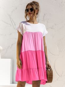 Vestido smock de manga con volante panel en contraste - Multicolor - Ver 4