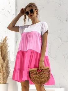 Vestido smock de manga con volante panel en contraste - Multicolor - Ver 6