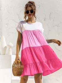 Vestido smock de manga con volante panel en contraste - Multicolor - Ver 7