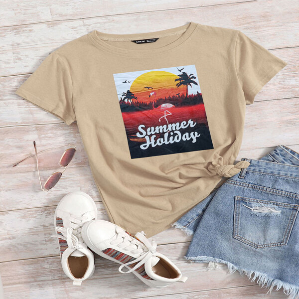 

Tropical And Slogan Graphic Tee, Khaki