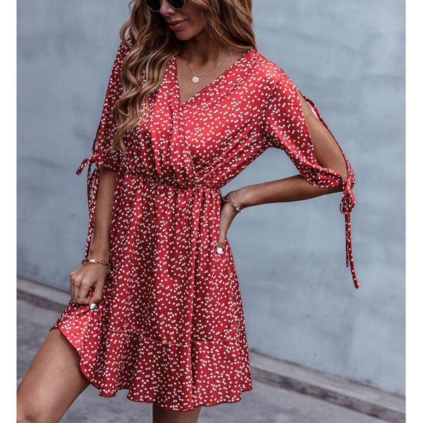 

Confetti Heart Print Surplice Ruffle Hem Dress, Red
