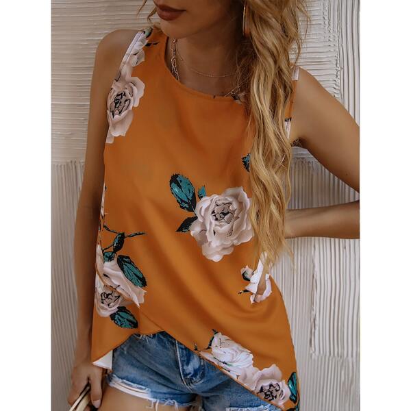 

Floral Print Asymmetrical Hem Blouse, Burnt orange