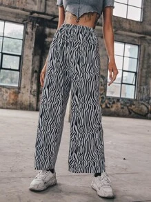 Pantalones Estampado de Cebra Casual - Blanco y Negro - Ver 1