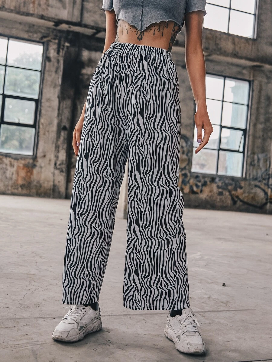 Pantalones Estampado de Cebra Casual - Blanco y Negro - Ver 1