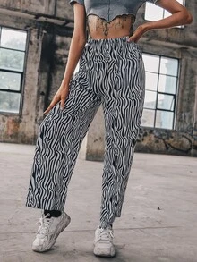 Pantalones Estampado de Cebra Casual - Blanco y Negro - Ver 5