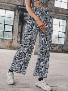 Pantalones Estampado de Cebra Casual - Blanco y Negro - Ver 6
