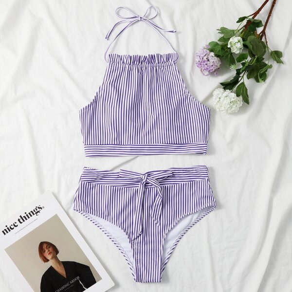 

Pinstripe High Waisted Bikini Swimsuit, Purple