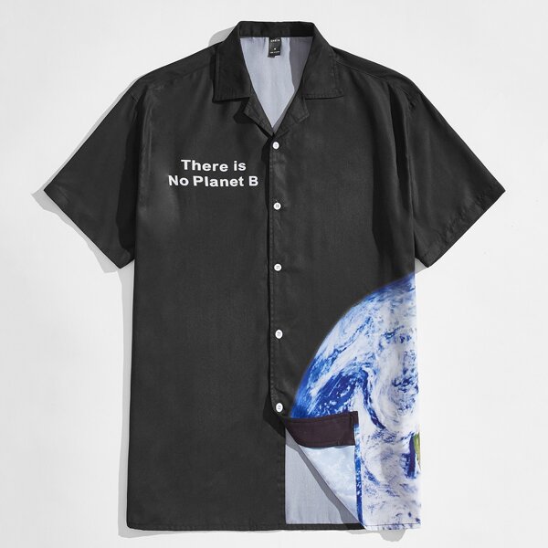 

Men Slogan & Planet Print Shirt, Black