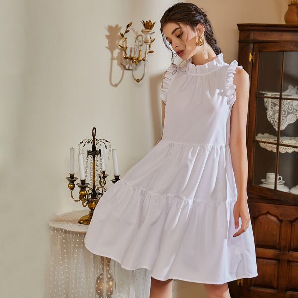 

Solid Ruffle Neck Smock Dress, White