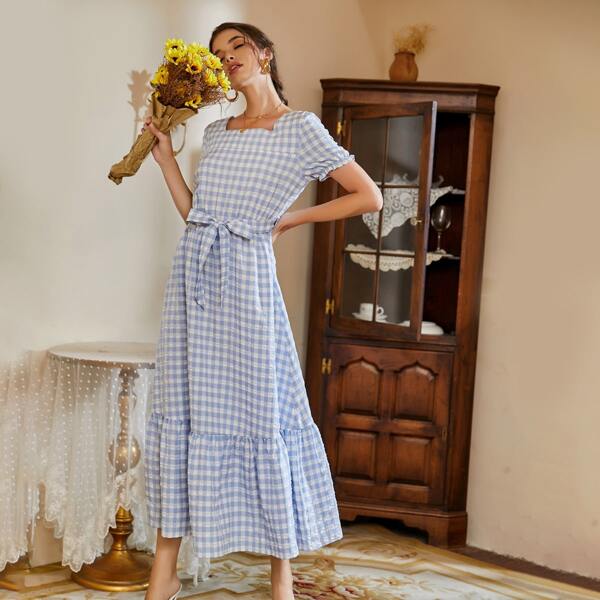 

Gingham Ruffle Hem Belted Dress, Blue and white