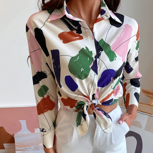 

Graphic Print Button Front Blouse, Multicolor