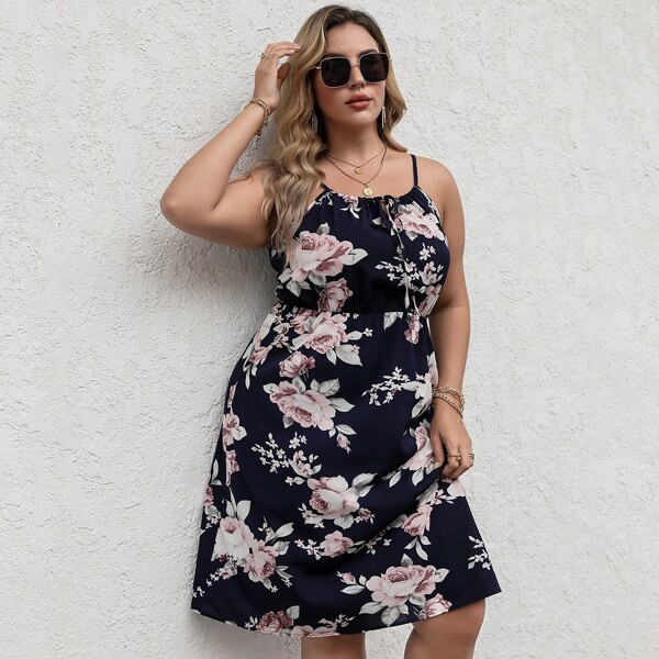 

Plus Floral Print Knot Cami Dress, Multicolor