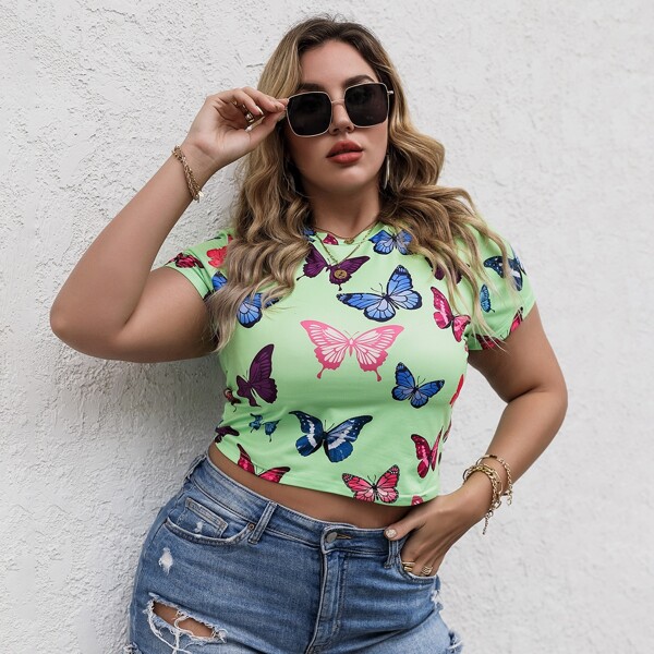 

Plus Allover Butterfly Print Crop Tee, Green
