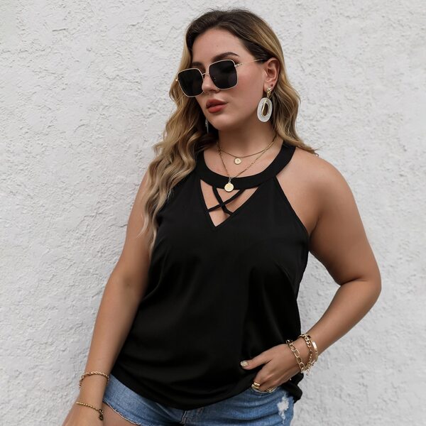 

Plus Solid Criss Cross Halter Top, Black