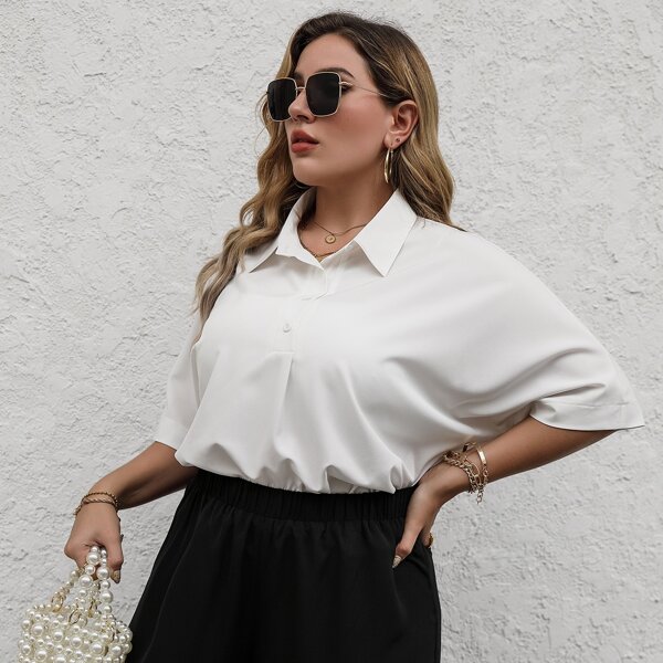 

Plus Half Button Batwing Sleeve Blouse, White