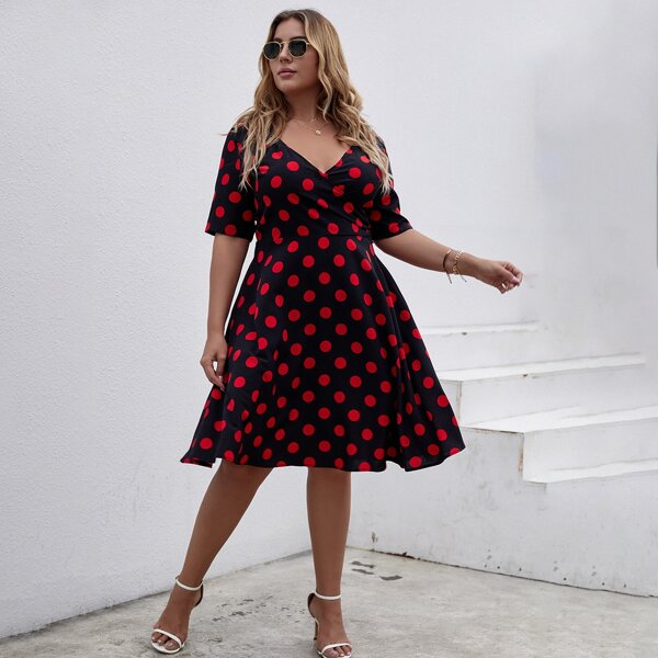 

Plus Polka Dot Surplice Front Dress Without Belt, Black