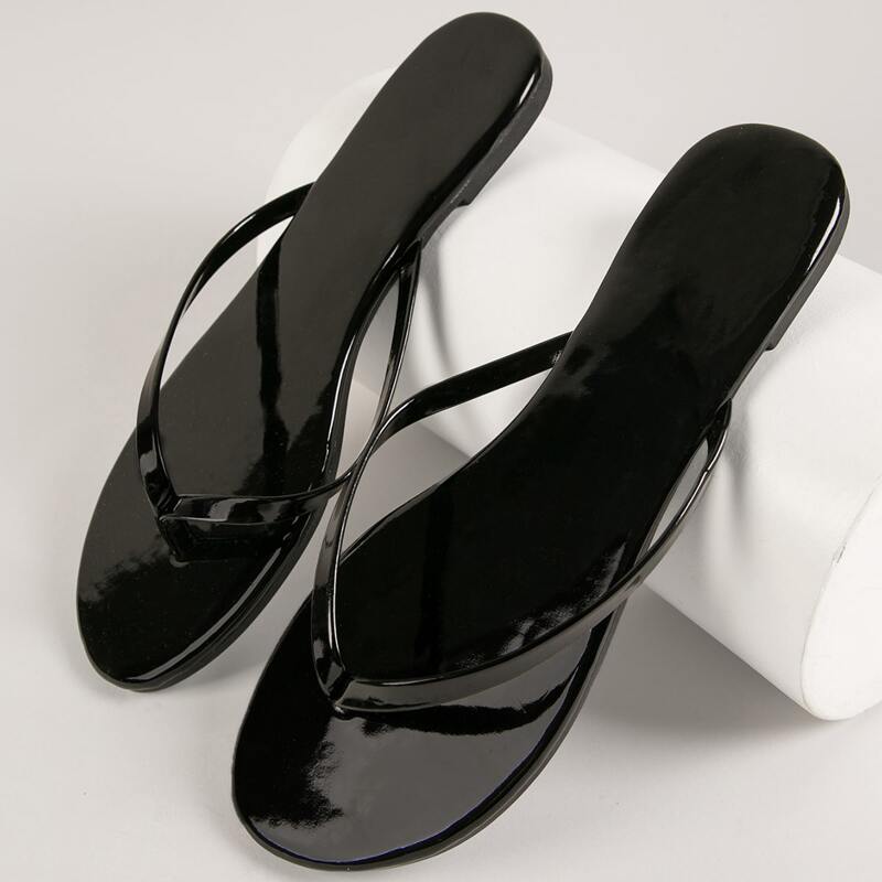 

Faux Patent Leather Thong-Toe Flip Flops, Black