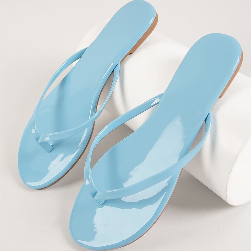 

Faux Patent Leather Thong-Toe Slides, Baby blue