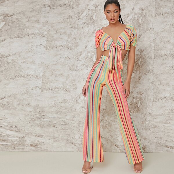 

Multicolored Knit Self-Tie Crop Top And Flare Leg Pants Set, Multicolor