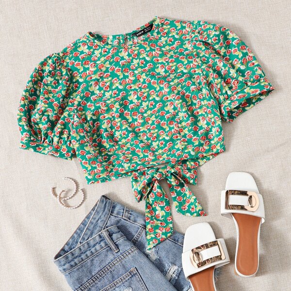 

Puff Sleeve Tied Backless Ditsy Floral Top, Multicolor